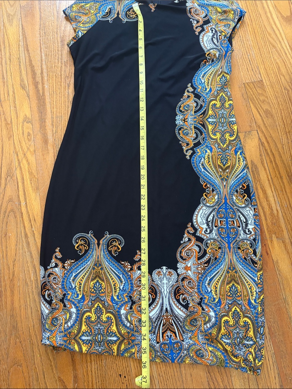 Joseph Ribkoff Black Midi Dress with Blue and Gold Paisley Trim - Picture 6 of 9